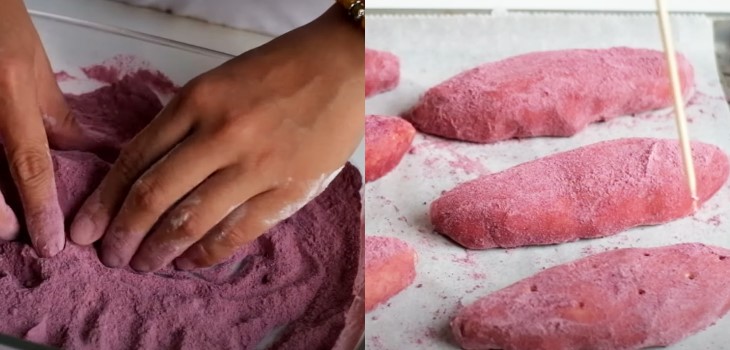 Lăn bánh qua bột khoai tím